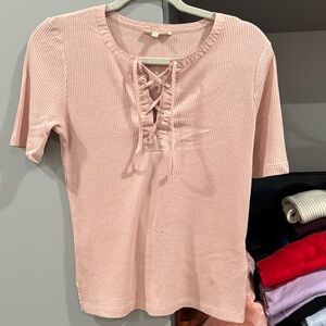 Madewell Pink Lace-Up Ribbed Tee